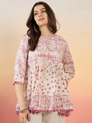 Polka Dot Printed Pure Cotton Pleated Anarkali Kurti - Kurtis for Women