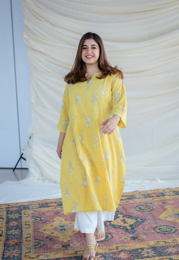 Yellow Slub Cotton Kali Kurta