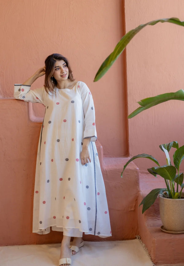 Jiya White Cotton Handloom Cotton A Line Kurta