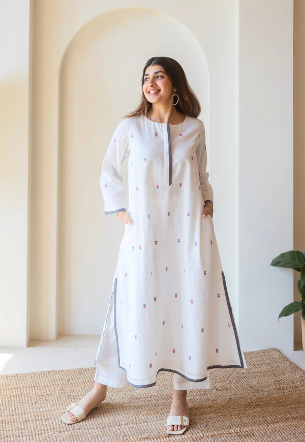 Vidhi White Handloom Cotton A Line Kurta