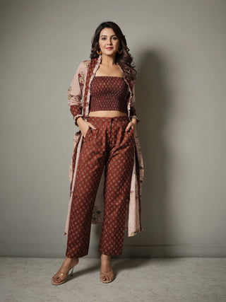 BLOCK PRINTED CROP TOP AND PANT CO ORD WITH SHRUG