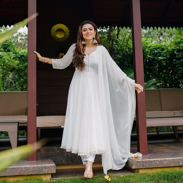 WHITE ANARKALI WITH PANT AND DUPATTA