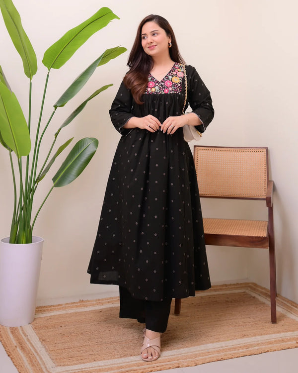 Black Noor Threadwork Cotton A Line Kurta Set