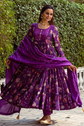 Purple Cotton Floral Print, Thread & Beads Round Anarkali Combo Set