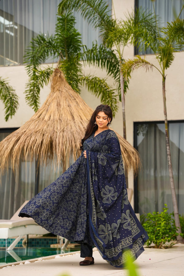 Starlit Navy Blue Cotton Anarkali with Dupatta