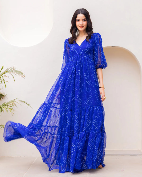Blue Bandhani Maxi Dress