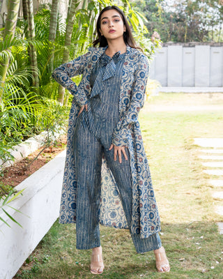 BLUE GREY STRIPED JUMPSUIT WITH PRINTED JACKET