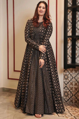 Black Cotton Printed Ready Made Gown With Jacket