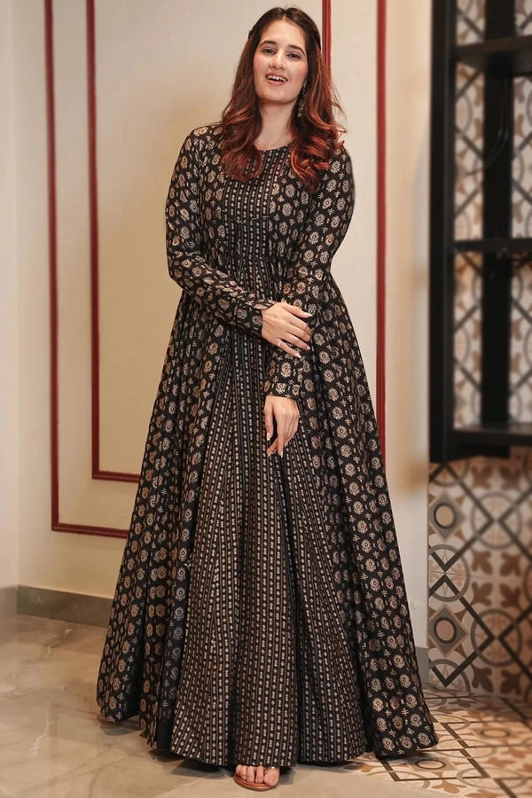 Black Cotton Printed Ready Made Gown With Jacket