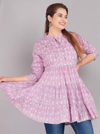 Pink Floral Print Tie-Up Neck Tiered Tops