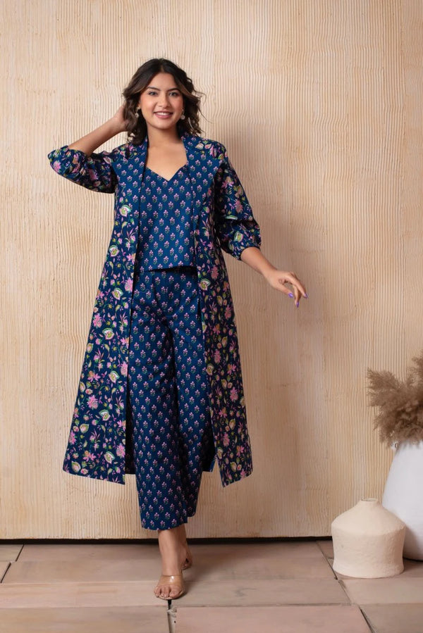 DHOOP-CHAAV RAHA BLUE COTTON PRINTED BUSTIER AND PANT WITH BLAZER