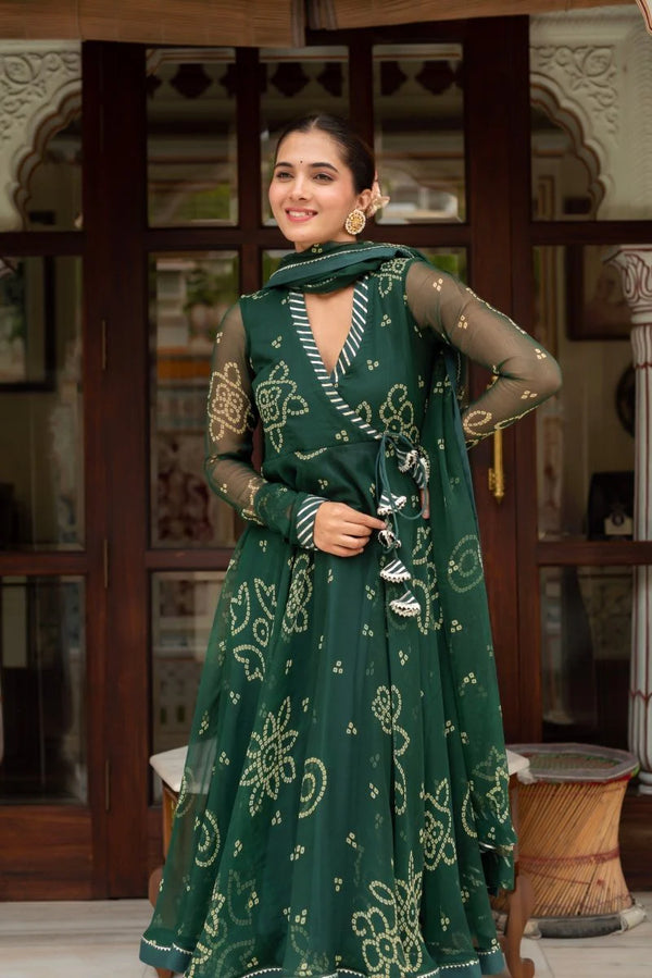 BOTTLE GREEN BANDHEJ GEORGETTE ANGRAKHA SET WITH GEORGETTE DUPATTA