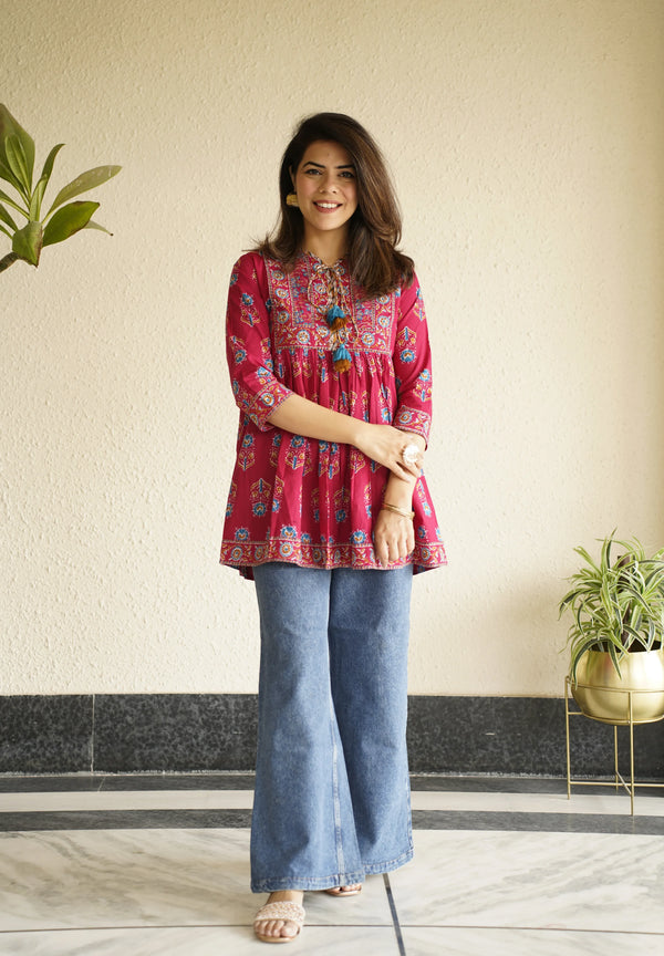 Pink Floral Printed Pure Cotton printed Kurti