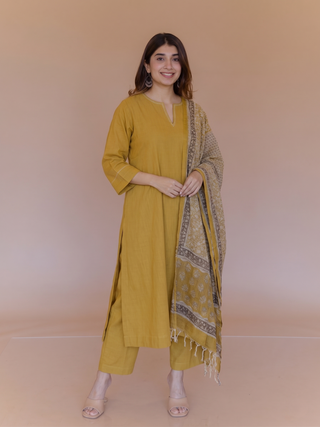 Straight Yellow Solid Slub Cotton  Kurta with Hand Embroidery