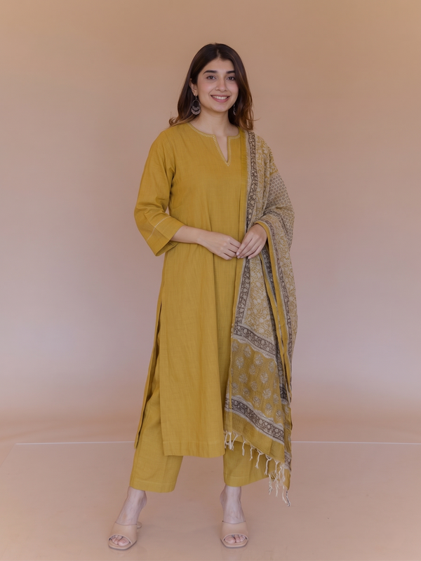 Straight Yellow Solid Slub Cotton  Kurta with Hand Embroidery