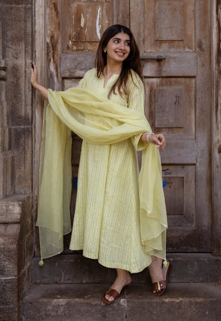 Malika Lime Green Hand Block Print Slub Cotton Kurta Set