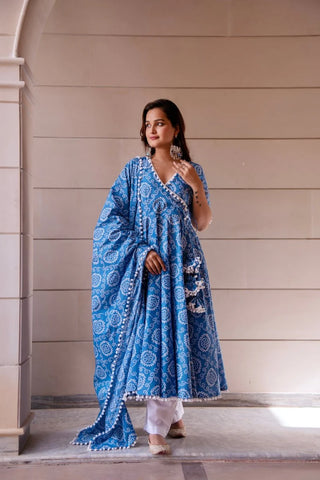 sunhari blue bandhej cotton angrakha set with cotton dupatta