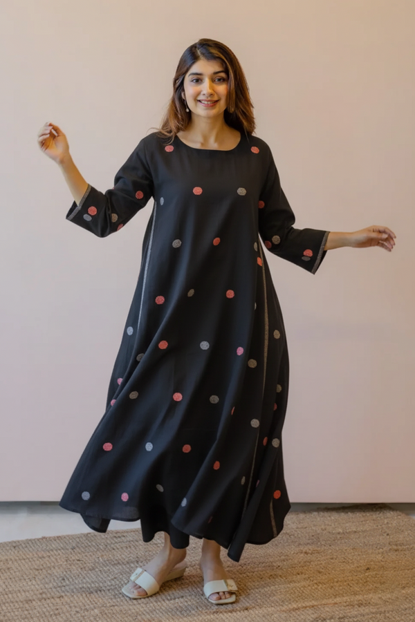 Zaira Black Printed Cotton Kali Kurta Set